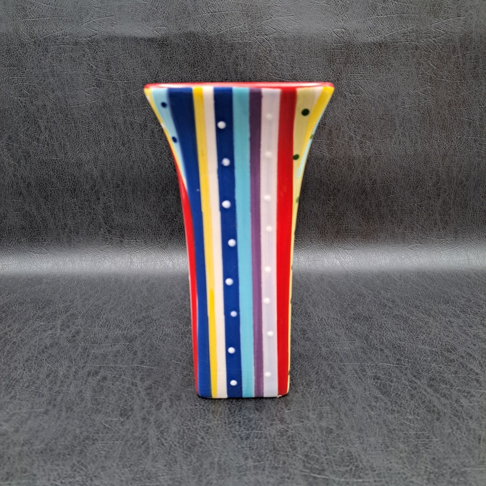 FTD Rainbow Stripe Polka Dot Ceramic Bud Vase Square Flared Multi Color Decor
